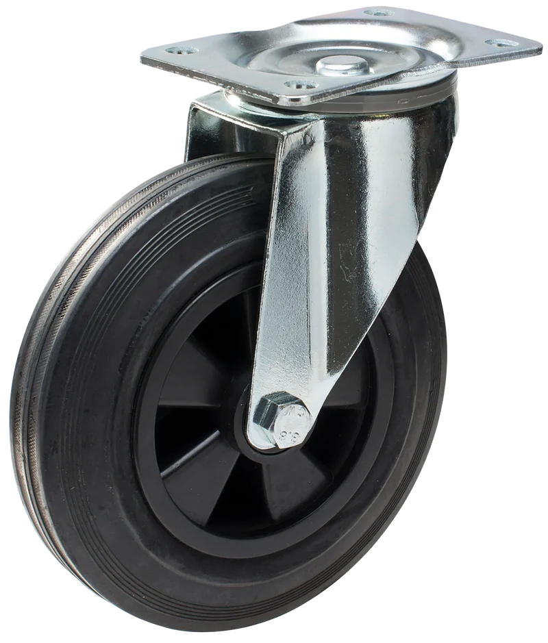 Länkhjul typ 4P BRU/PP plåtbygel svart gummibana Swede-wheel