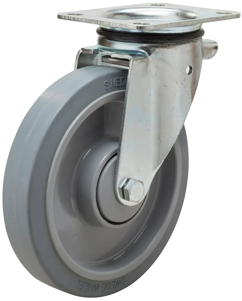 Länkhjul typ 5P Elastic GRU/PA6 plåtbygel elastisk grå gummibana Swede-wheel
