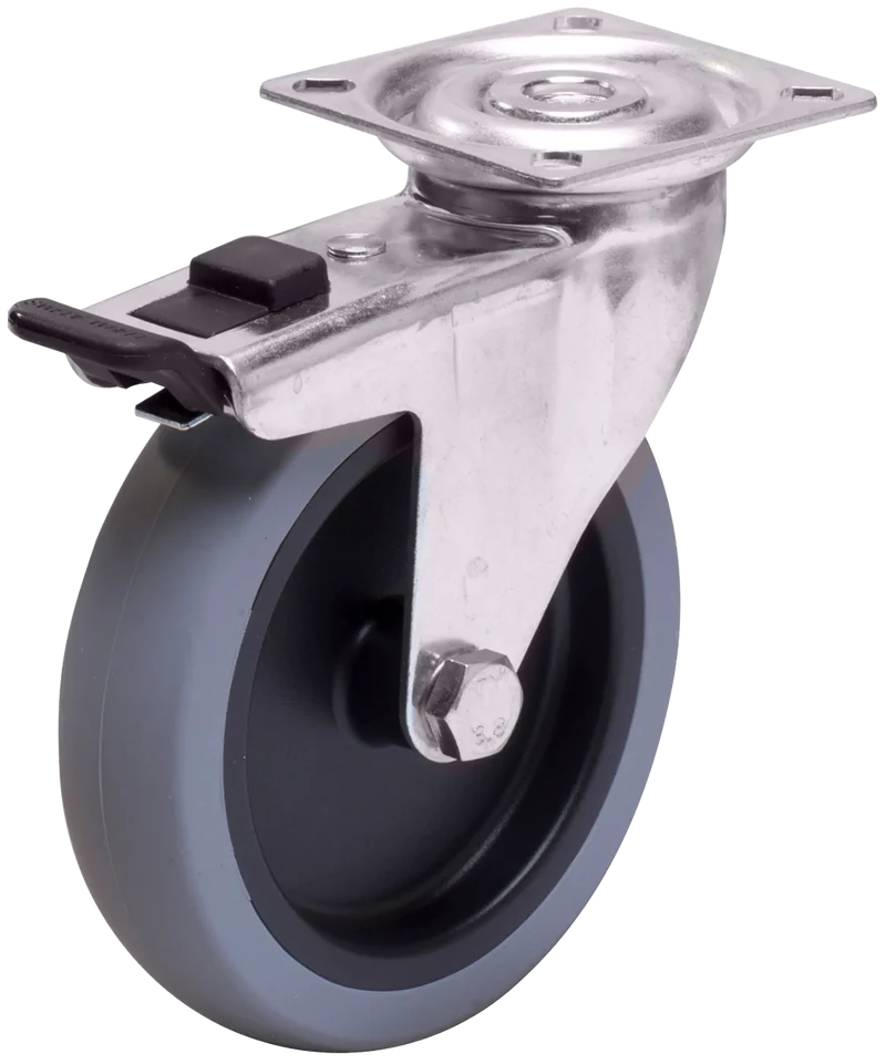 Länkhjul typ A2PS TPE rostfri plåtbygel grå gummibana Swede-wheel
