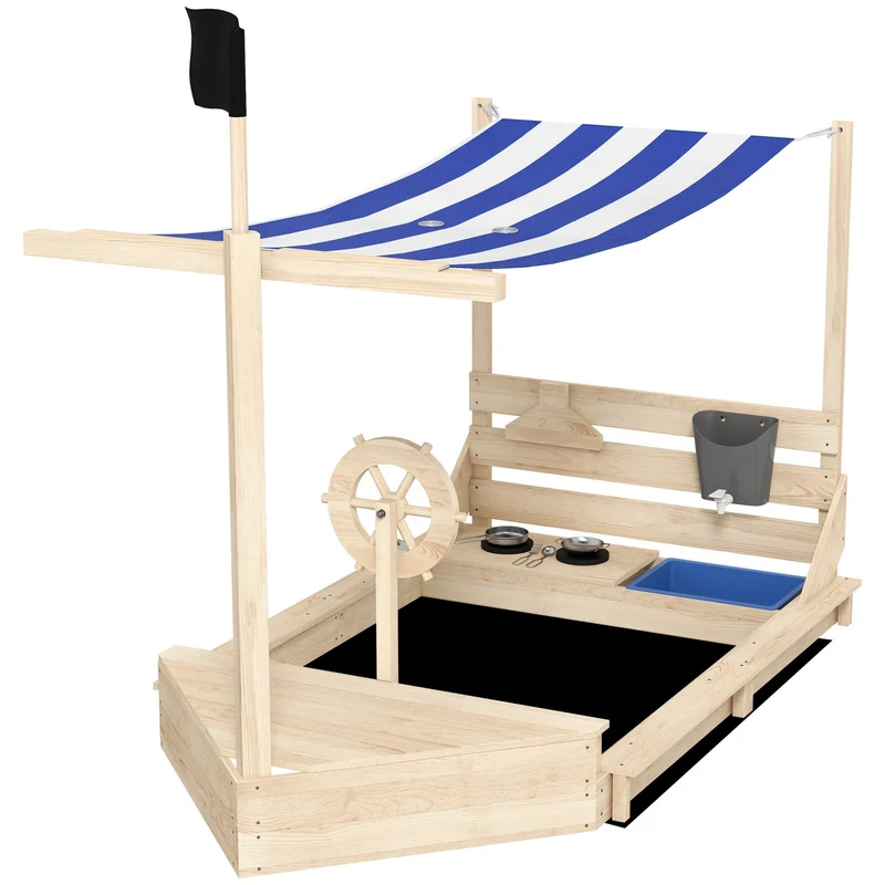 Dřevěné pískoviště s víkem – design lodi, 180x103x144,5 cm