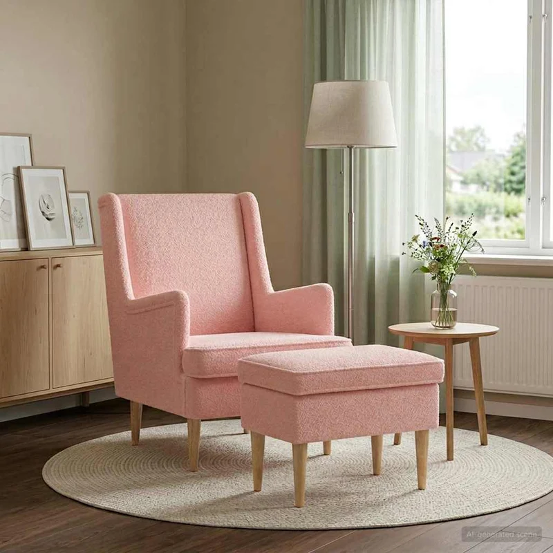 Fåtölj med fotpall 2 st Rosa Bouclé