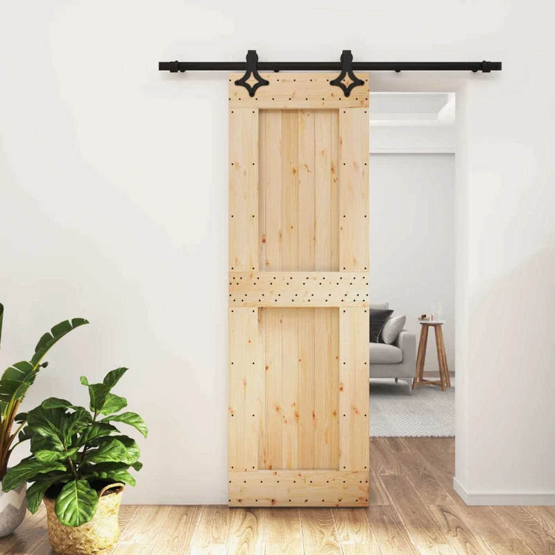 Skjutdörr Naturlig och svart 70 x 210 cm Massiv furuträdörr