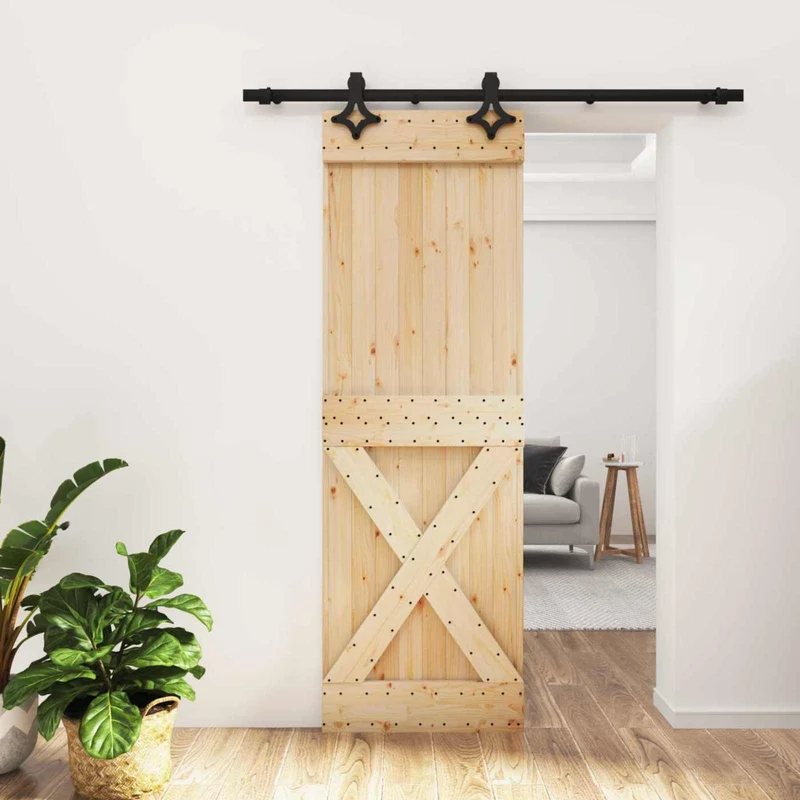 Skjutdörr Naturlig och svart 70 x 210 cm Massiv furuträdörr