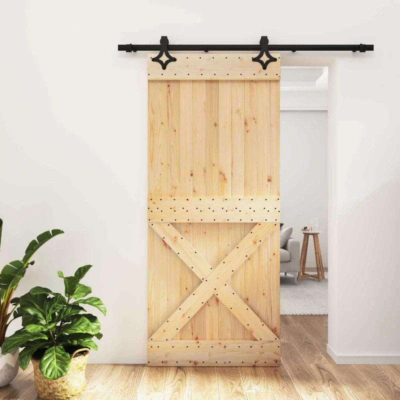 Skjutdörr Naturlig och svart 90 x 210 cm Massiv furuträdörr