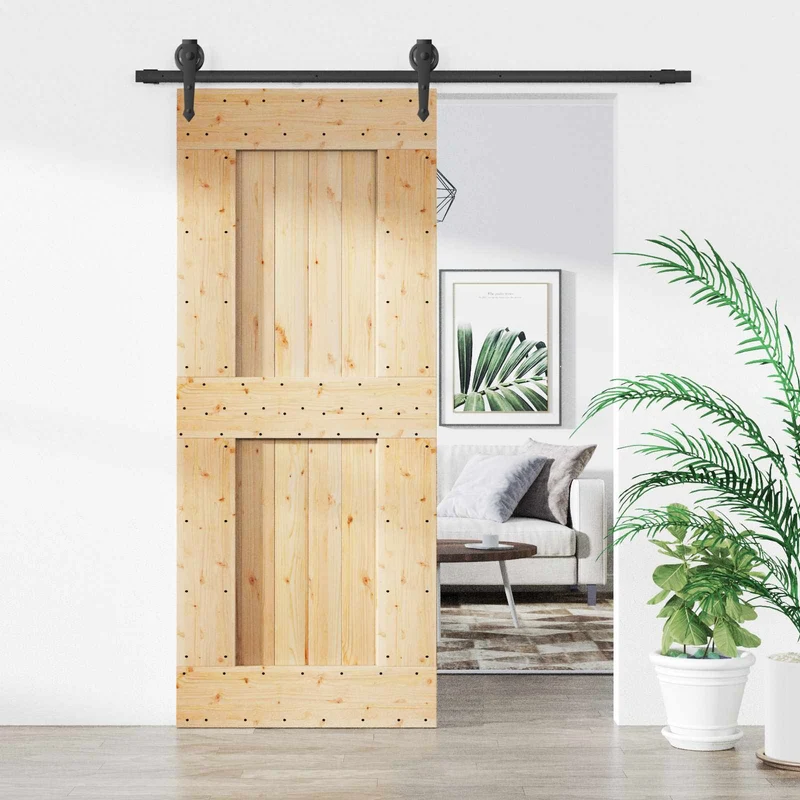 Skjutdörr Naturlig och svart 85 x 210 cm Massiv furuträdörr