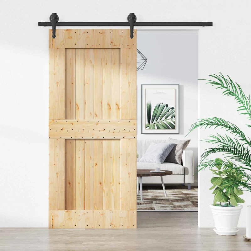 Skjutdörr Naturlig och svart 90 x 210 cm Massiv furuträdörr
