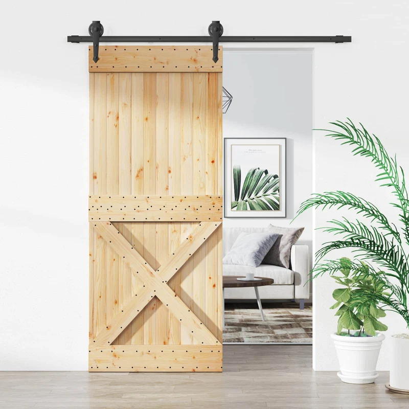Skjutdörr Naturlig och svart 85 x 210 cm Massiv furuträdörr