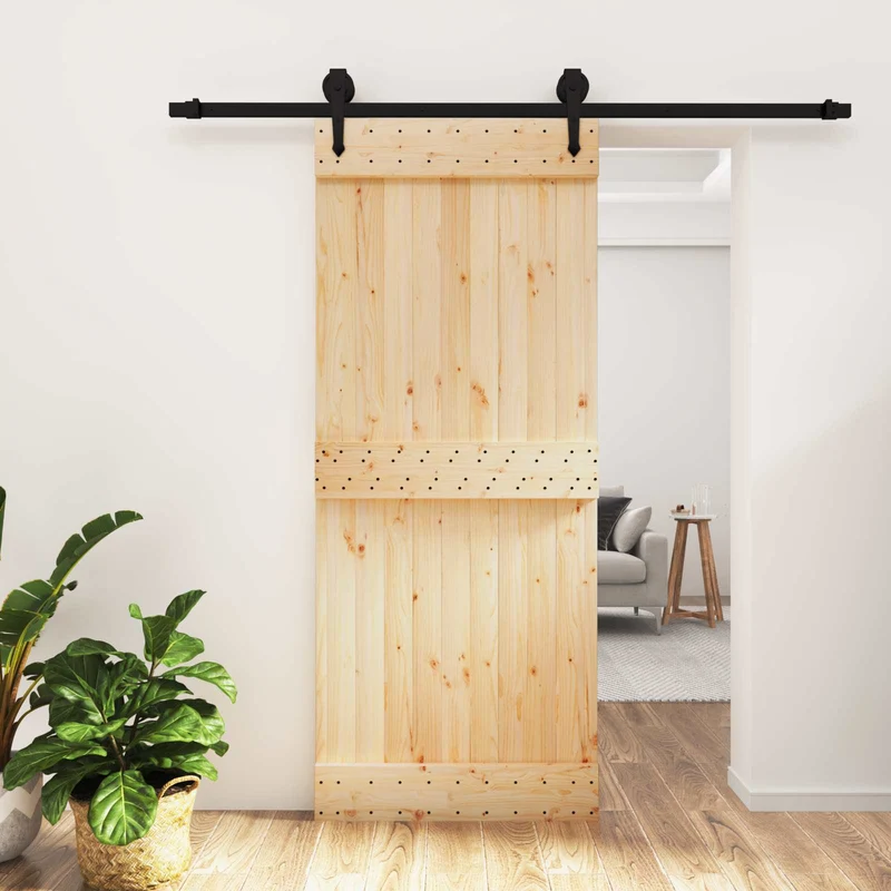 Skjutdörr Naturlig och svart 85 x 210 cm Massiv furuträdörr
