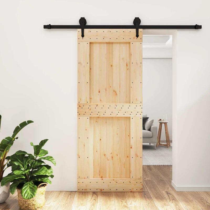 Skjutdörr Naturlig och svart 85 x 210 cm Massiv furuträdörr
