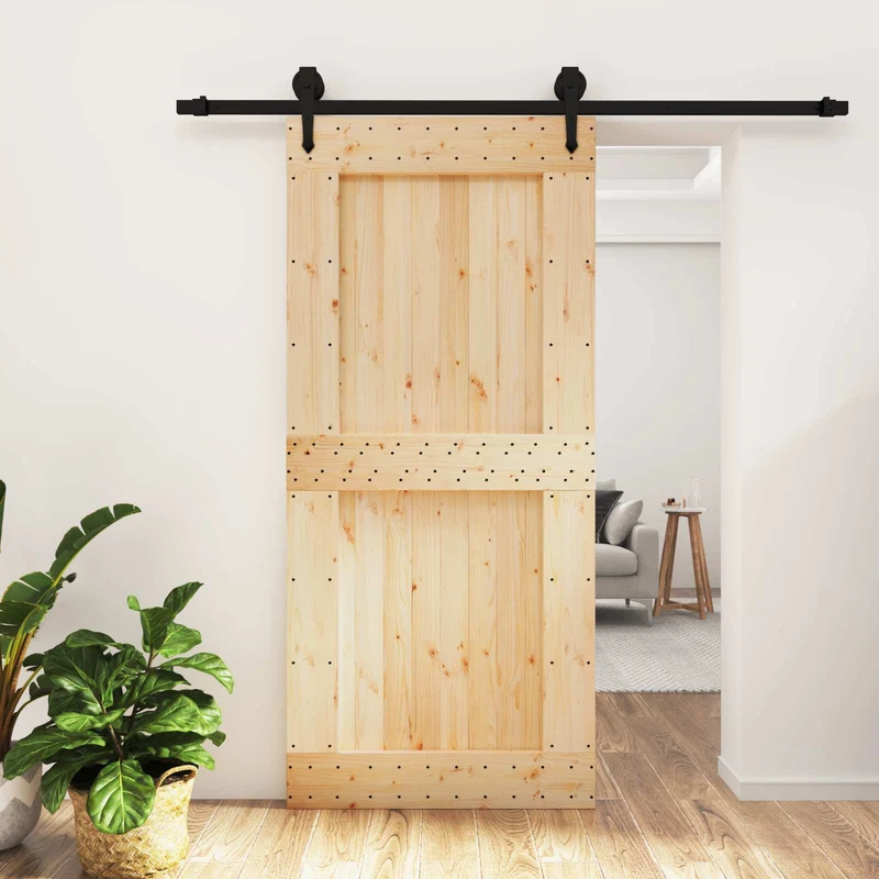 Skjutdörr Naturlig och svart 95 x 210 cm Massiv furuträdörr