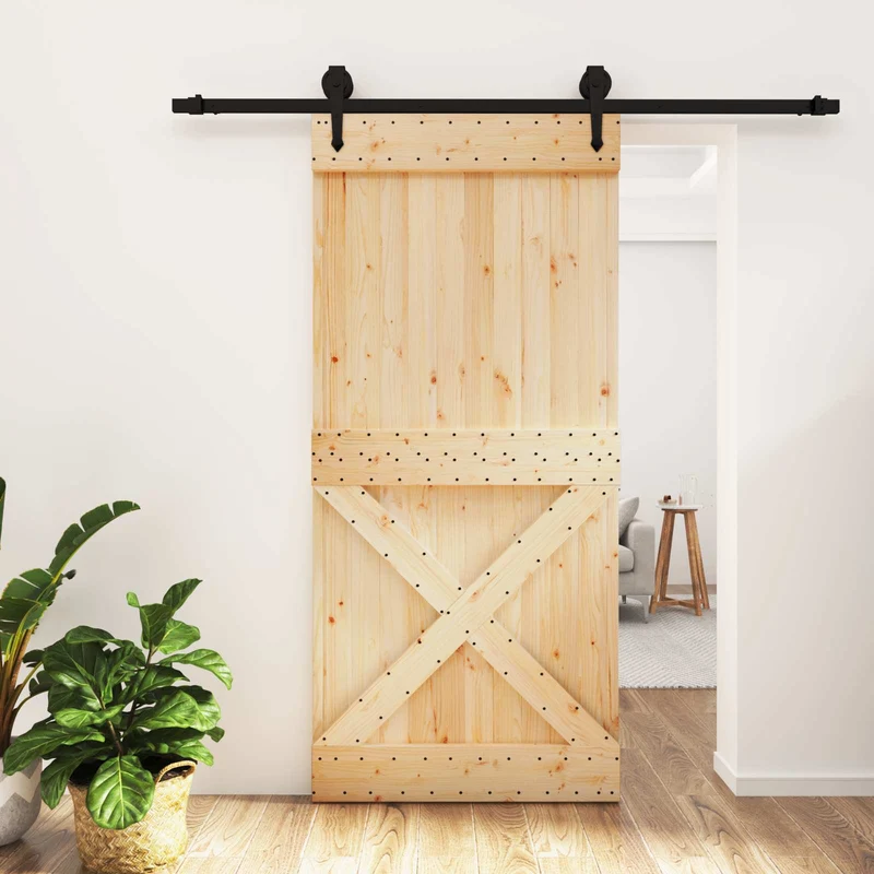Skjutdörr Naturlig och svart 95 x 210 cm Massiv furuträdörr