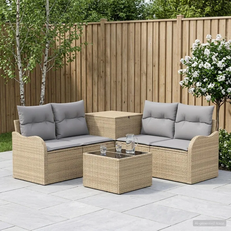 Soffset 6 st Beige och Ljusgrå Poly Rattan och stål