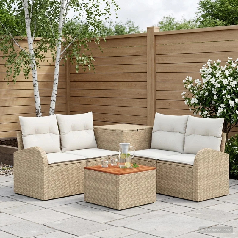 Soffset 6 st Beige och krämvit Poly Rattan och stål