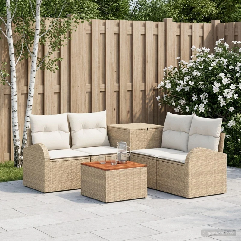 Soffset 6 st Beige och krämvit Poly Rattan och stål