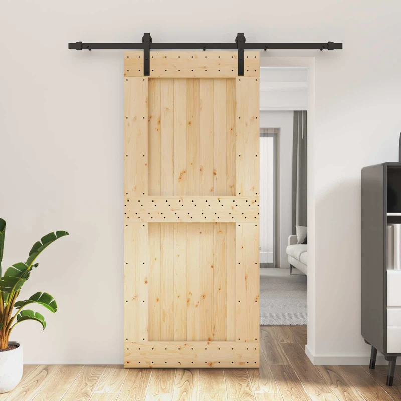 Skjutdörr Naturlig och svart 90 x 210 cm Massiv furuträdörr