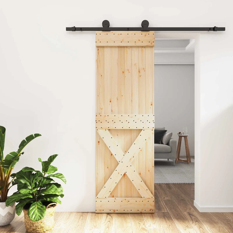 Skjutdörr Naturlig och svart 70 x 210 cm Massiv furuträdörr