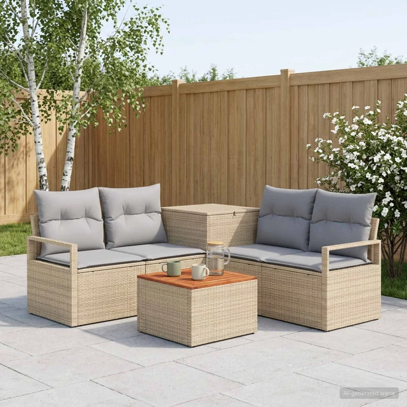 Soffset 6 st Beige och Ljusgrå Poly Rattan och stål