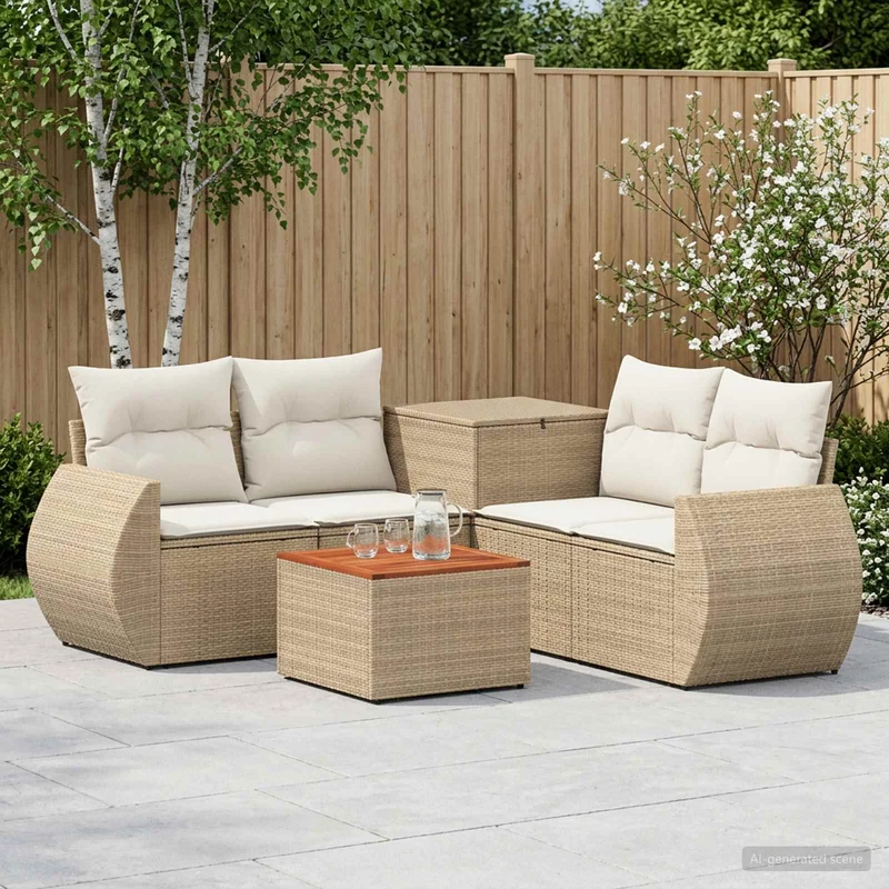 Soffset 6 st Beige och krämvit Poly Rattan och stål