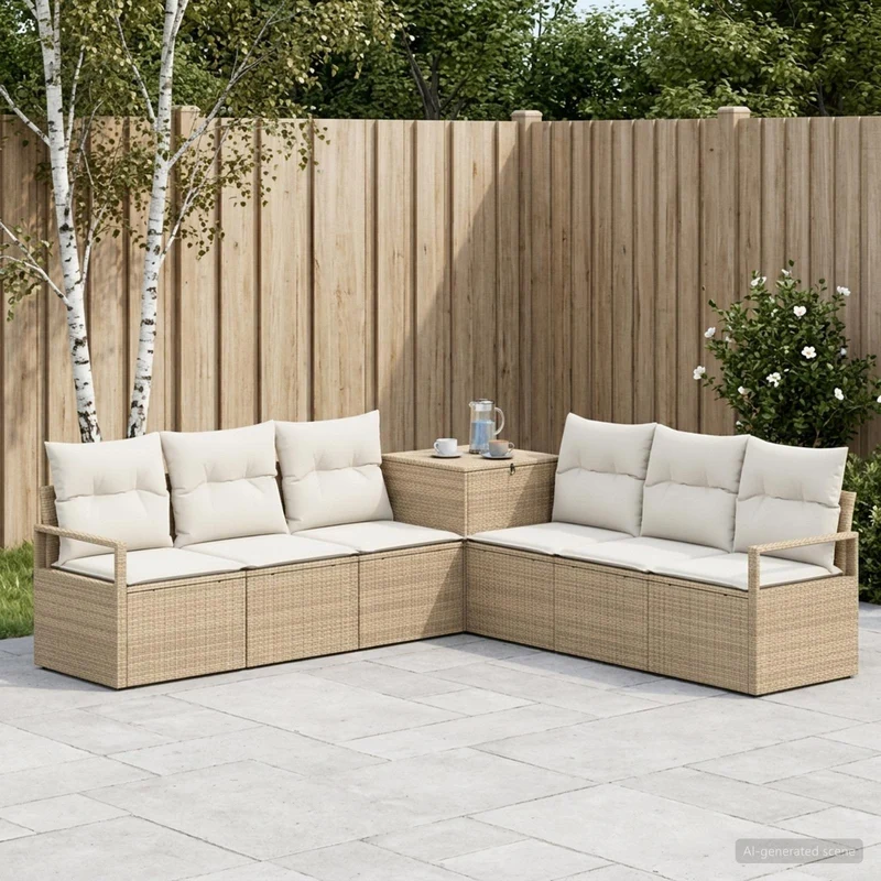Soffset 7 st Beige och krämvit Poly Rattan och stål