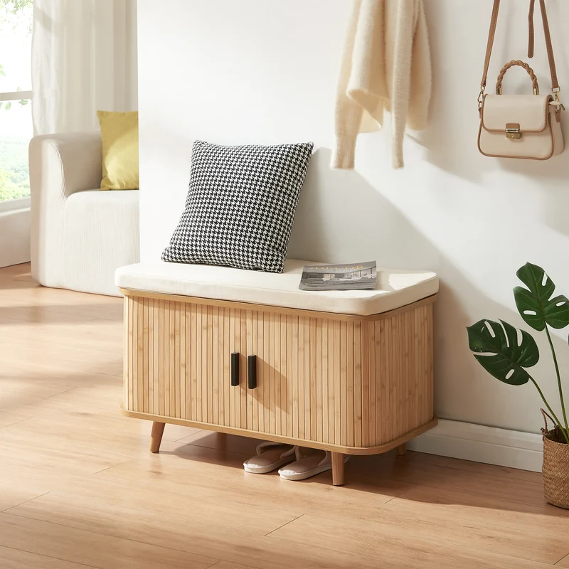 Skåp för skor med sittdyna Tvedestrand 50x80x40 cm bambu/beige [en.casa]