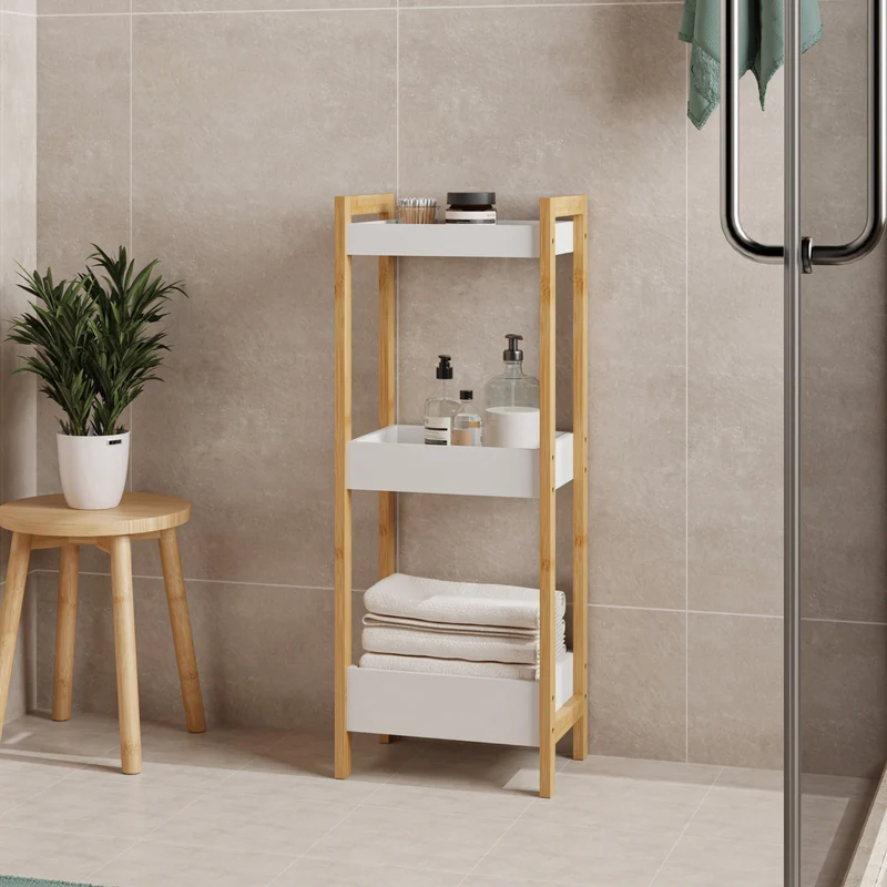 Badhylla Anun med 3 nivåer 75x28x20 cm bambu natur/vit [en.casa]