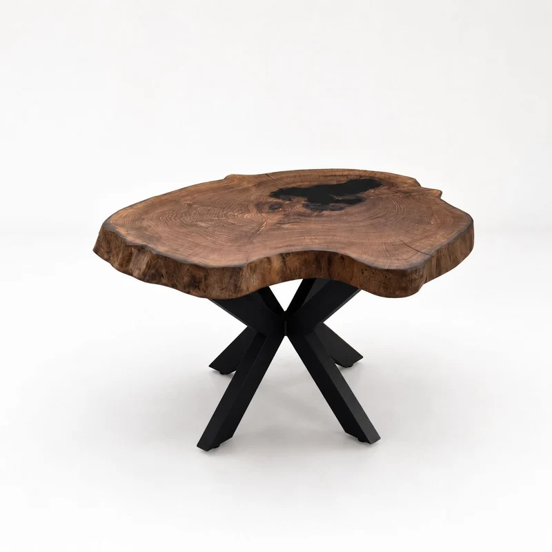 Rundt Sofabord i Valnød Ø80 cm – Naturkant & Sort Epoxy