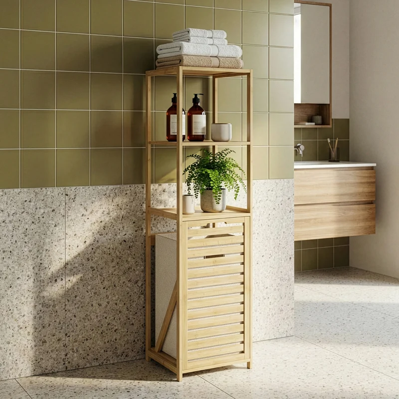 Badrumshylla med tvättkorg Anun 130x36x33 cm bambu träfärgad [en.casa]