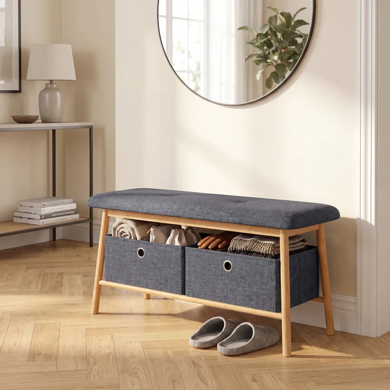 Sittbänk Vad med 2 förvaringslådor 90x30x45 cm Natur/Grå [en.casa]