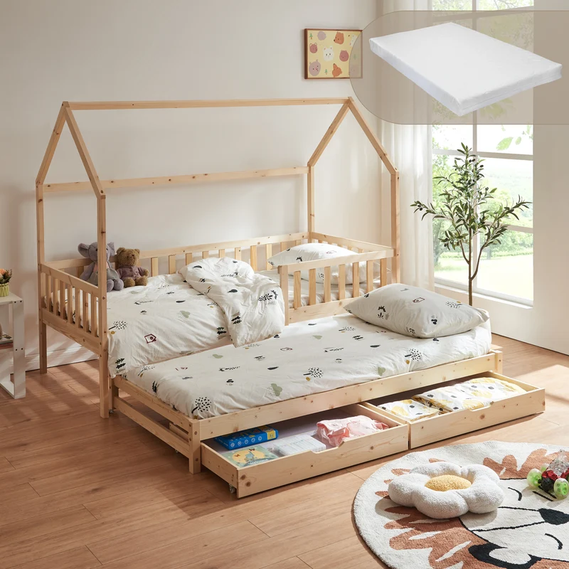 Dubbelsäng Aarghonmaa med 1 madrass 90x200 cm furu [en.casa]