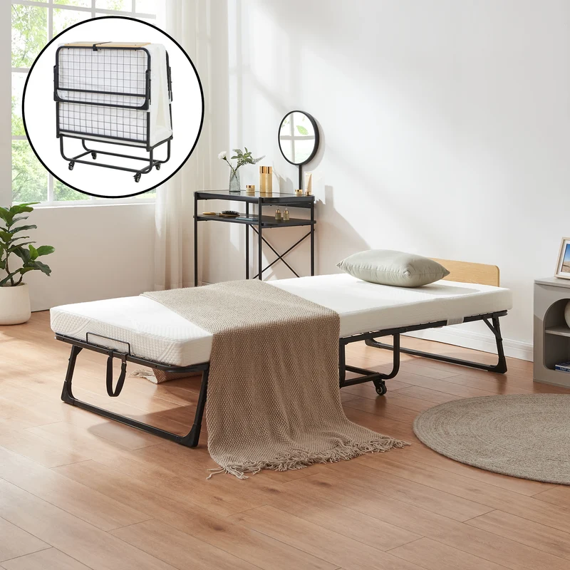 Metallfällbar säng Lustendi med madrass 200x90cm Svart/Eklook [en.casa]