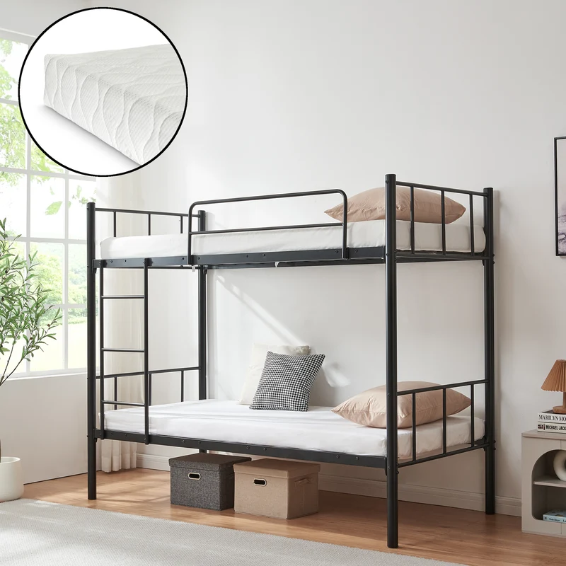 Metall-våningssäng Berimma med 2 madrasser 90x200 cm Svart [en.casa]