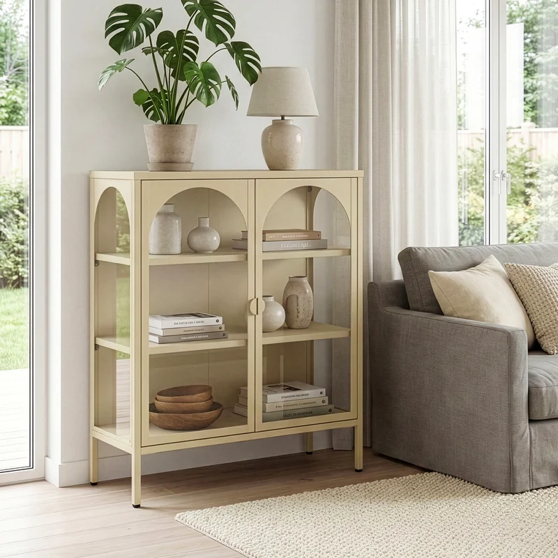 Vitrinskåp-Sideboard Klippestad Stål 95x80x35 cm Kamelfärgat [en.casa]