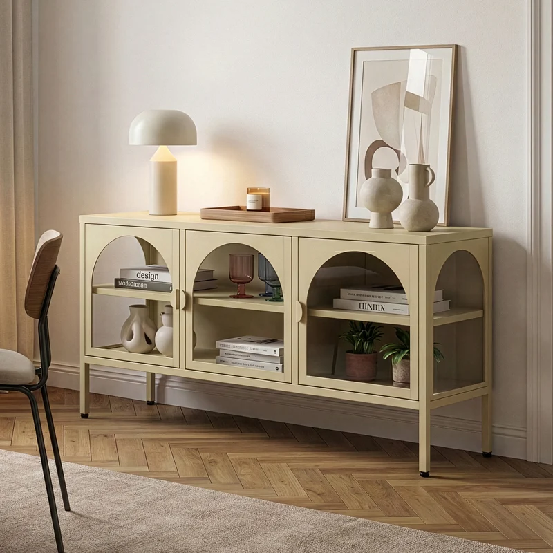 Vitrinskåp-Sideboard Klippestad Stål 118x35x55 cm Kamelfärgad [en.casa]