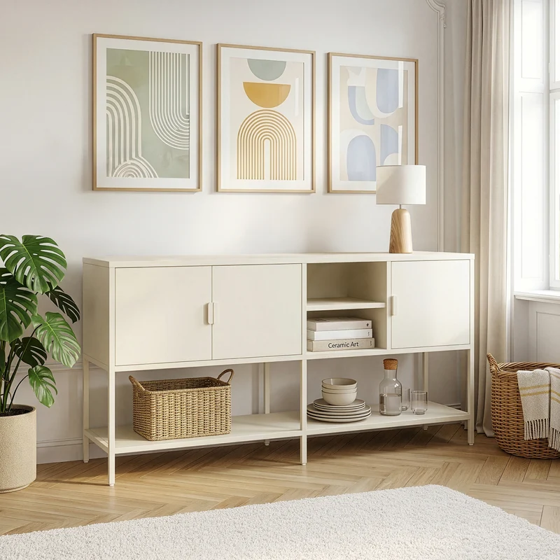 Sideboard Kliri stål 160x40x80 cm krämvit [en.casa]