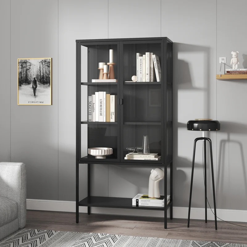 Vitrinskåp Borshavisa stål 2-dörrar 160x80x35 cm svart [en.casa]