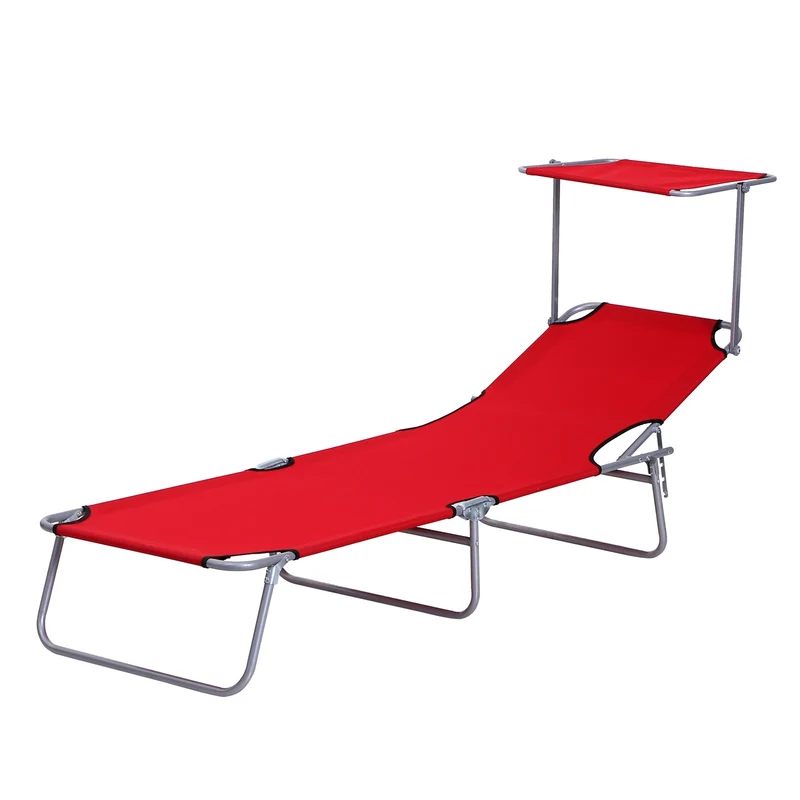 Skládací červené lehátko se sluneční clonou pro venkovní použití