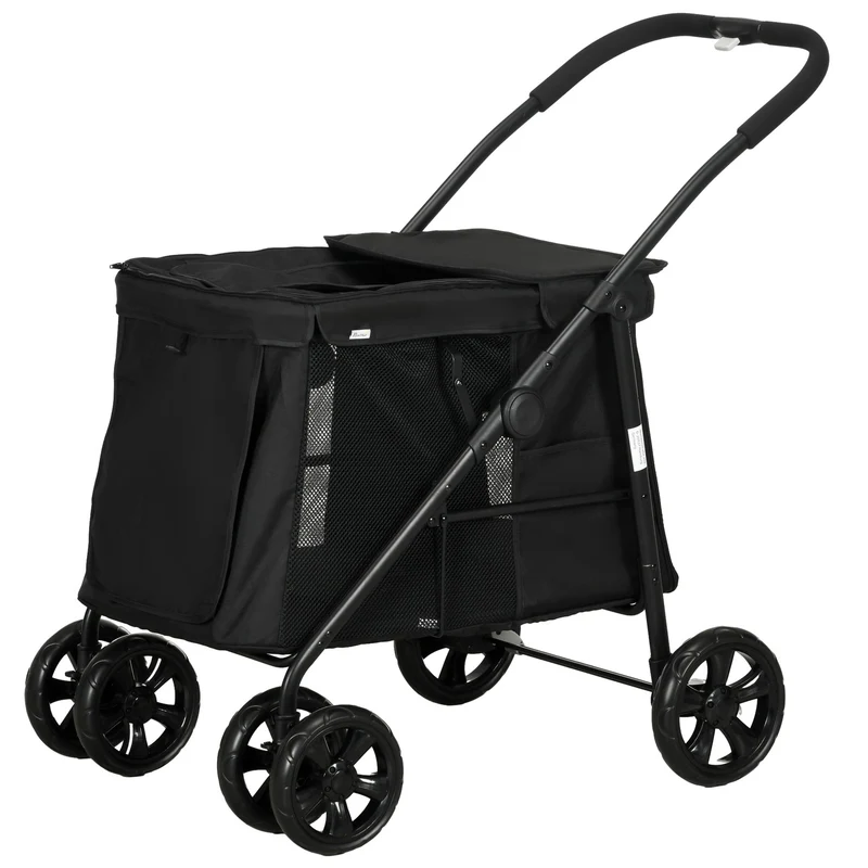 Skládací kočárek pro psy se síťovaným okénkem, černý, nosnost 20 kg