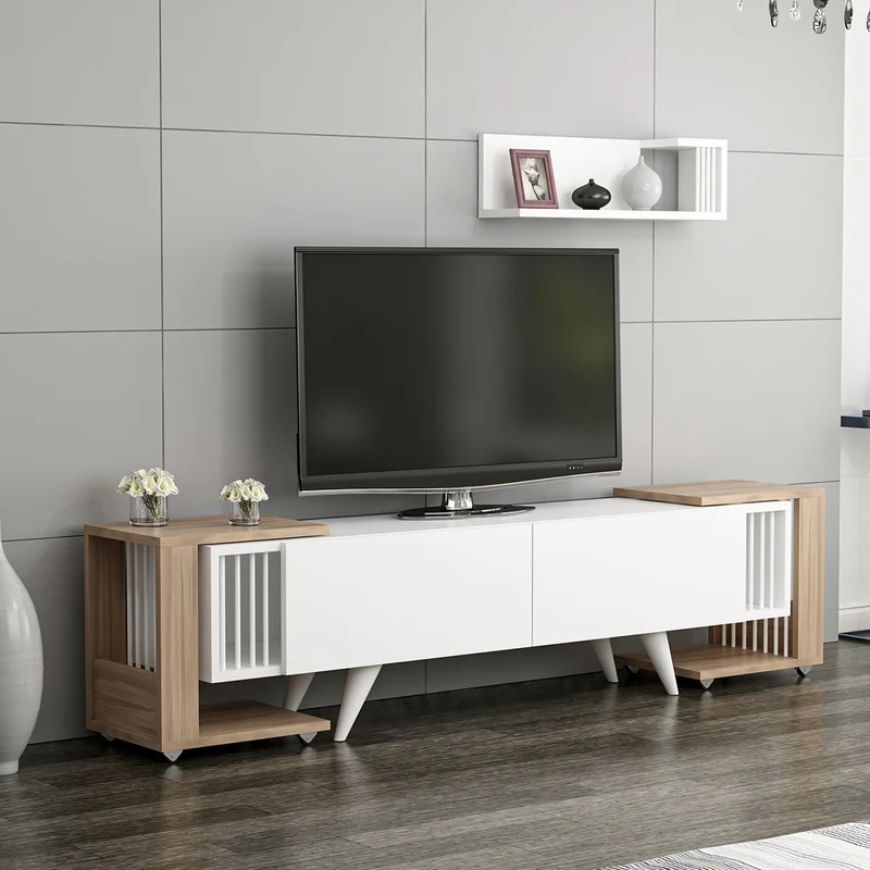TV-bord med hylla och 2 sidobord Glostrup eklook / vit [en.casa]