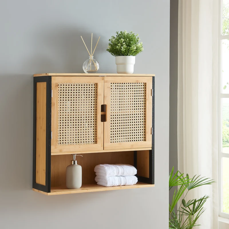 Badhängskåp Tervola 60x60x20 cm Svart/Bambu [en.casa]