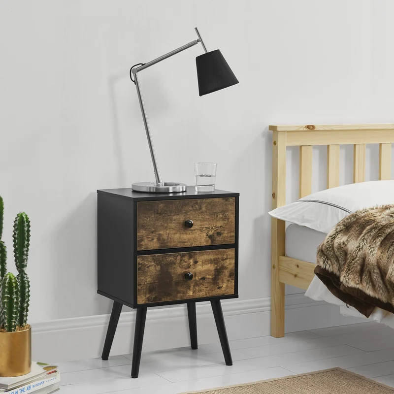 [en.casa] Sängbord-sideboard med två lådor-60x40x29,5cm-furu-spånskiva-träoptik-svart