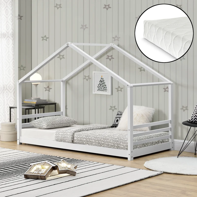 Juniorsäng Hussäng inkl. allergivänlig madrass 200x140 furu matt vit [en.casa]