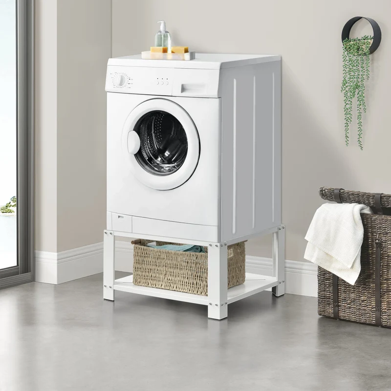 Tvättmaskinsstativ Förhöjningssockel med hylla 63x54x31cm stål vit max. belastning150 kg [en.casa]