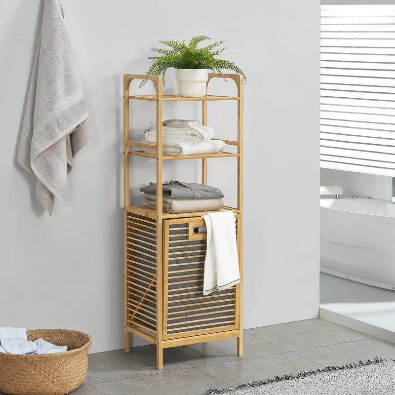 Badrumshylla med tvättkorg Tidaholm bambu 118x39,5x30,5 cm [en.casa]