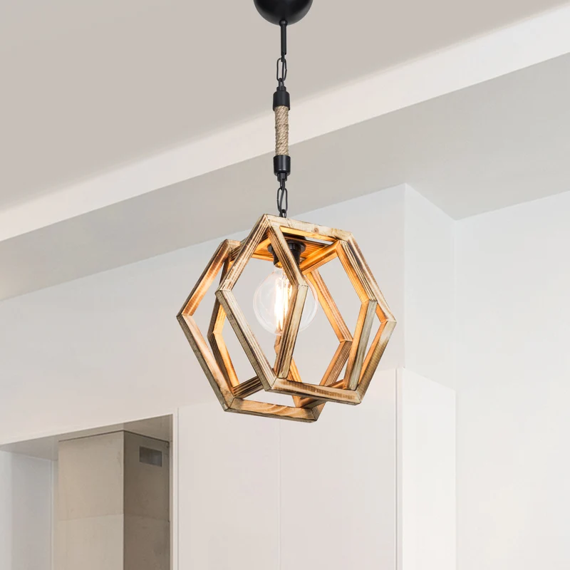 Taklampa Cheltenham E27 Metall Massivträ Jutesnöre Svart / Träutseende / Jutefärg [lux.pro]