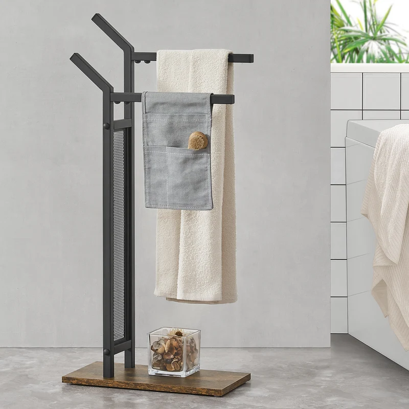 Handduksställ Telavi 88x40x20 cm svart trämönster stål [en.casa]