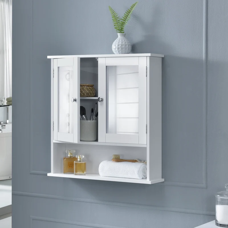 [en.casa]® Väggskåp till badrum-58x56x13cm-vit-med spegel
