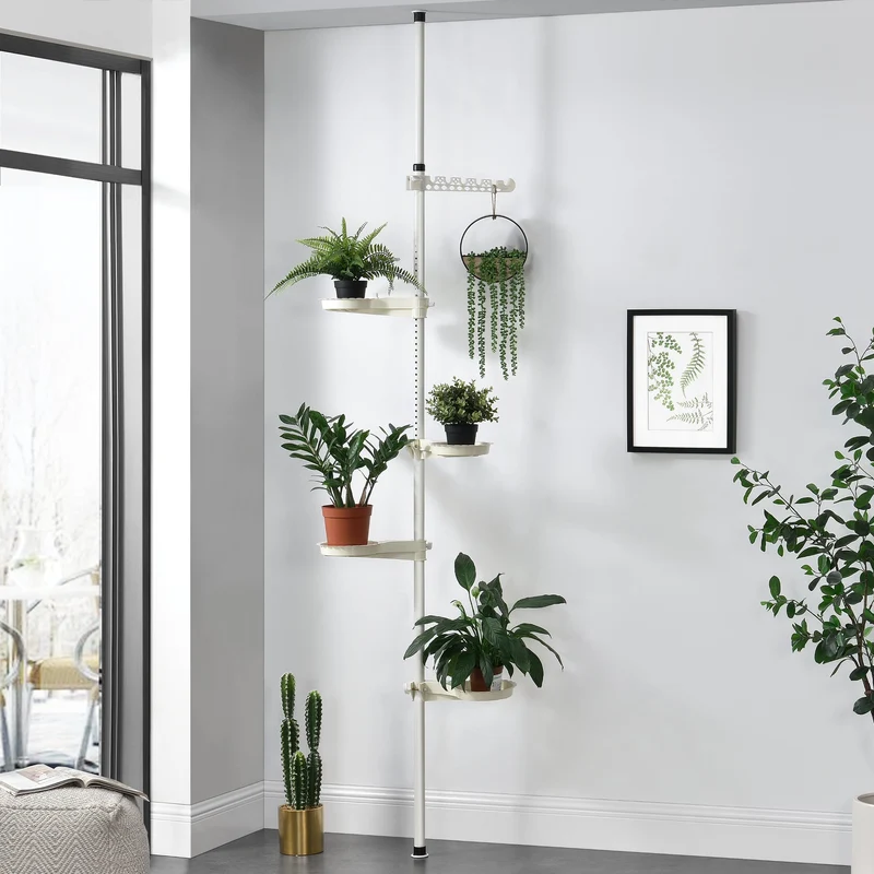 Teleskopisk växtställ 110-305 cm metall vit [en.casa]