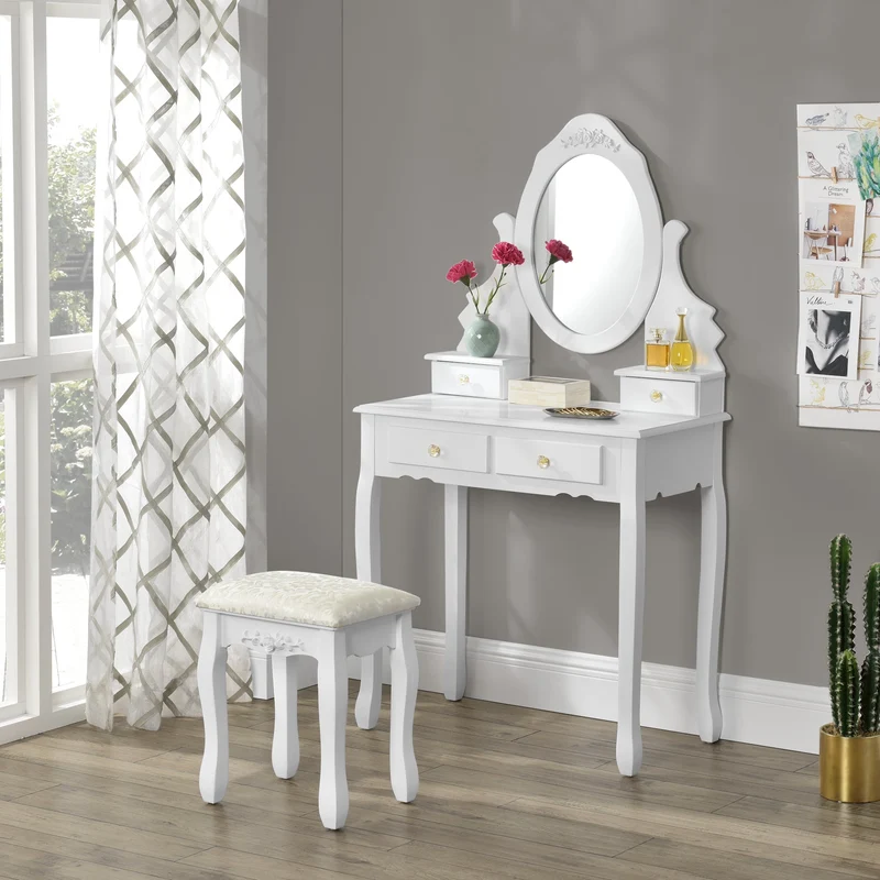 Toalettbord/sminkbord Limerick med spegel och stol 141x75x40cm vit [en.casa]