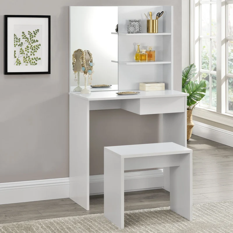 Toalettbord/sminkbord Katrineholm med spegel och stol 141x75x39,7cm vit [en.casa]