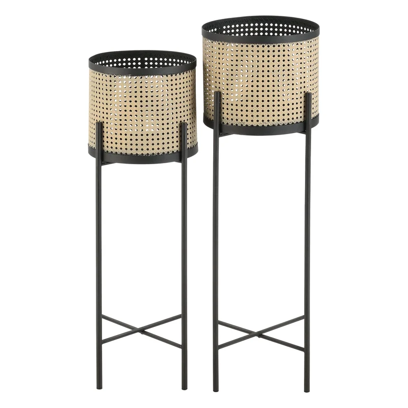 Piedestal Colfontaine set om 2 med krukor metall svart sandfärg [en.casa]